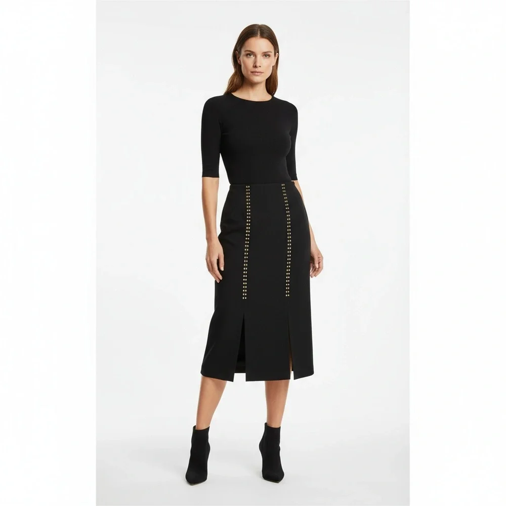 Erez Collections Midi Bedazzled Skirt 100% Wool Gold Studs Slits Black Women's S
